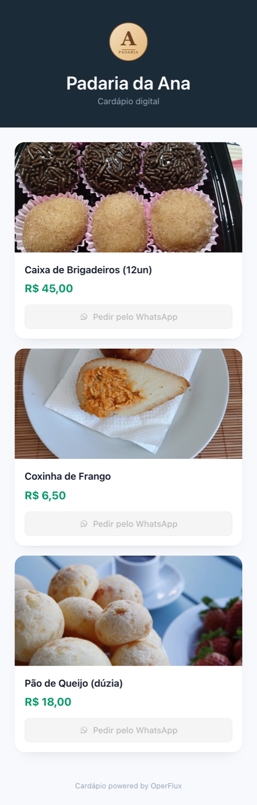 Cardápio digital público do OperFlux, aberto no celular, mostrando os 3 produtos cadastrados com foto e preço